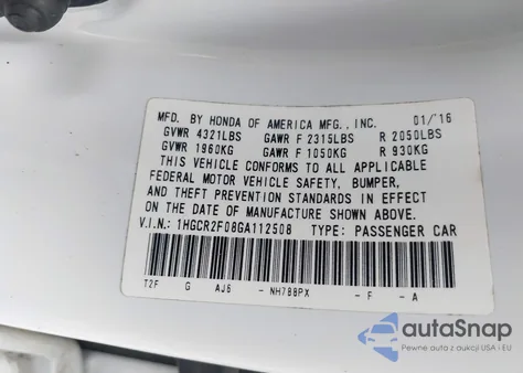 2016 Honda Accord Ex z USA, uszkodzony, nr VIN 1HGCR2F08GA112508